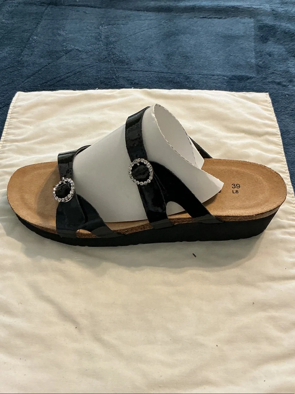 Naot Black Patent Slide Sandal with Rhinestone Rings